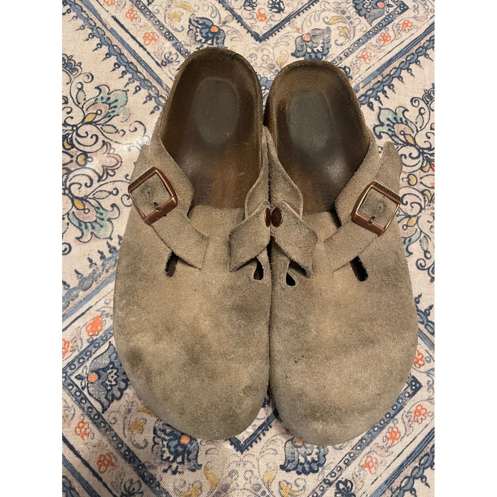 Birkenstock Boston Suede Clogs Taupe Cork Footbed Slip On Mules